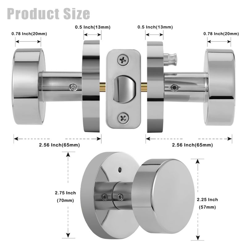 naubea Polished Chrome Door Knobs Interior, Polished Chrome Privacy Door Knob with Lock, Heavy Duty Round Modern Door Handle for Bedroom Bathroom - Image 5
